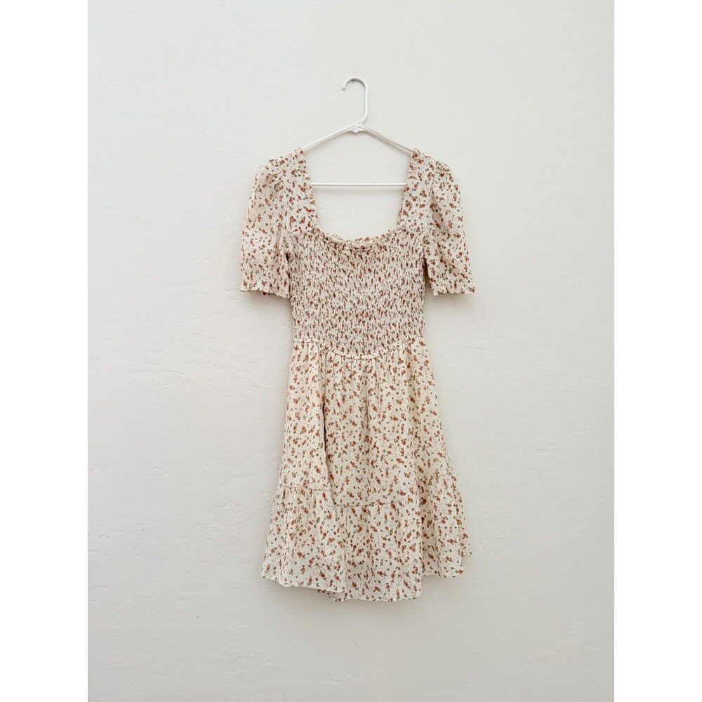 MINE Floral Smocked Mini Dress Medium M Cottagecore Puff Sleeve Lined Boho